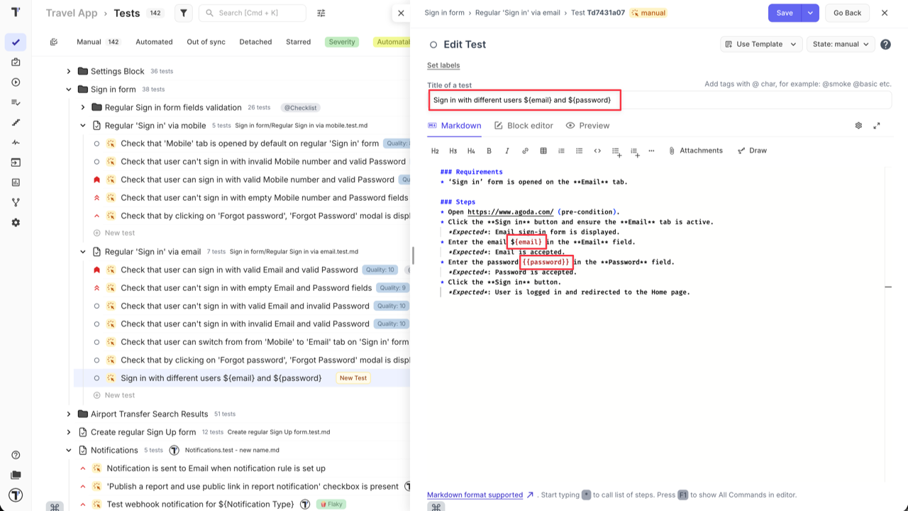 Testomat.io - Dynamic Parameters in Test Steps